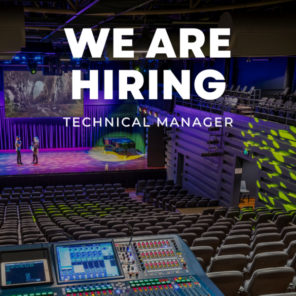 Image is a photo of inside of the concert hall with the text reading 'We Are Hiring - Technical Manager'